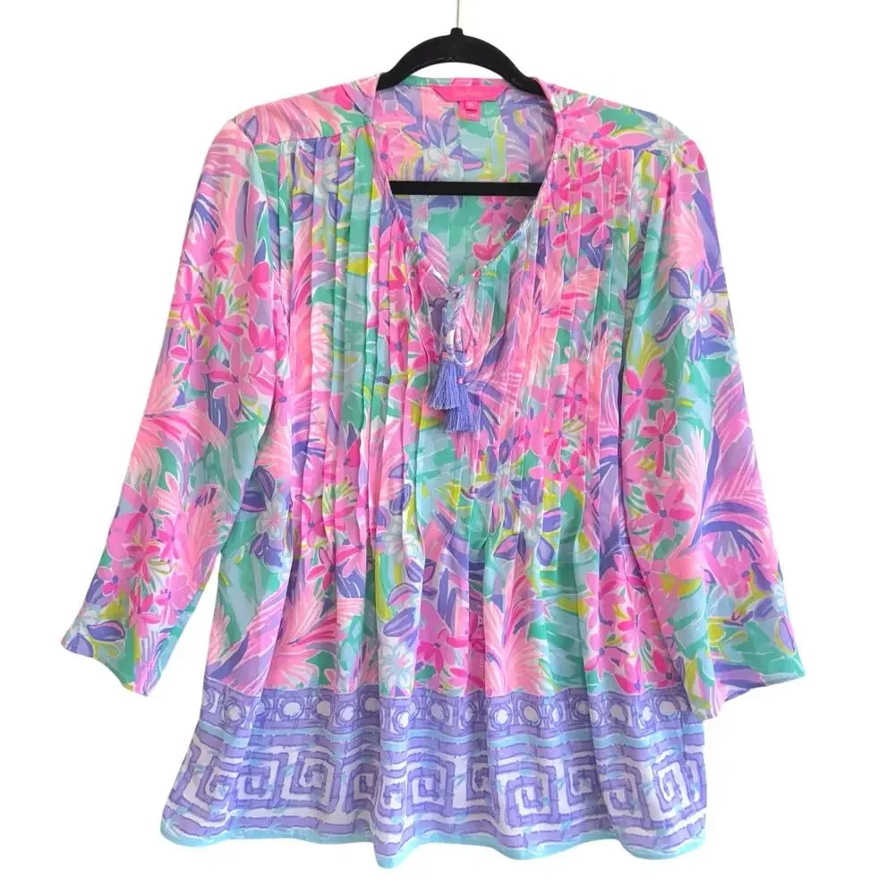Lilly Pulitzer Marilina Tunic Multi It Was All A Dream Top Tassel Trim Size M - Picture 3 of 7